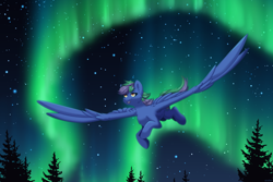 Size: 3000x2000 | Tagged: safe, artist:arsolem, imported from derpibooru, oc, oc only, oc:lishka, pegasus, amber eyes, aurora borealis, cheek fluff, chest fluff, ear fluff, eye clipping through hair, eyebrows, eyebrows visible through hair, eyelashes, female, flying, high res, mare, night, open mouth, open smile, pegasus oc, smiling, solo, spread wings, stars, tail, tree, two toned mane, two toned tail, wings