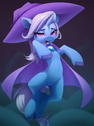 Size: 2600x3500 | Tagged: safe, artist:n_thing, artist:shenki, imported from derpibooru, trixie, pony, unicorn, belly, belly button, bipedal, brooch, cape, clothes, collaboration, explicit source, eyebrows, eyelashes, female, floating, gem, hat, high res, horn, jewelry, lidded eyes, mare, multiple variants, open mouth, solo, teeth, tongue out, trixie's brooch, trixie's cape, trixie's hat, unshorn fetlocks