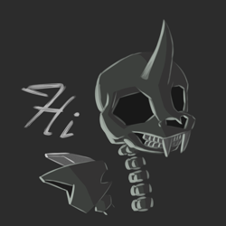 Size: 1640x1640 | Tagged: safe, artist:tsswordy, imported from derpibooru, oc, oc only, oc:searik, changeling, skeleton pony, bone, chalk, fangs, gray background, horn, male, simple background, skeleton, sketch, skull, solo, teeth