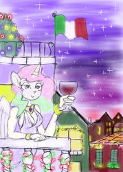 Size: 800x1117 | Tagged: safe, artist:gameboyred, imported from derpibooru, princess celestia, alicorn, anthro, alcohol, balcony, breasts, city, cleavage, clothes, emale, female, flag, happy new year, holiday, italy, solo, wine