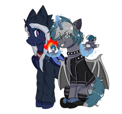 Size: 1280x1200 | Tagged: safe, artist:valkiria, imported from derpibooru, oc, oc only, oc:elizabat stormfeather, oc:elizabrat meanfeather, oc:icey wicey, alicorn, bat pony, bat pony alicorn, pony, alicorn oc, bat pony oc, bat wings, boots, burning, choker, clone, clothes, concern, duo, ear piercing, earring, evil grin, female, fire, glasses, grin, hoodie, horn, jacket, jewelry, knife, leather jacket, levitation, lip piercing, magic, male, mare, piercing, plushie, ponysona, scared, scarf, shoes, simple background, sitting, smiling, socks, spiked choker, stabbing, stallion, striped socks, sweat, sweatdrop, telekinesis, transparent background, wings