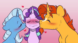 Size: 3948x2187 | Tagged: safe, artist:chub-wub, imported from derpibooru, starlight glimmer, sunburst, trixie, pony, unicorn, beard, bisexual, bisexual female, blushing, cheek kiss, cute, eyes closed, facial hair, female, goatee, heart, high res, kiss sandwich, kissing, lesbian, lesbian in front of boys, male, mare, polyamory, shipping, stallion, starburst, startrix, startrixburst, straight, throuple, trio