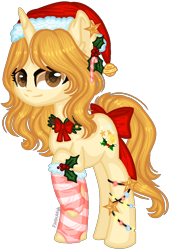 Size: 714x1048 | Tagged: safe, artist:fantarianna, imported from derpibooru, oc, oc only, pony, unicorn, bow, christmas, clothes, eyelashes, female, hat, holiday, holly, horn, santa hat, simple background, socks, striped socks, tail, tail bow, transparent background, unicorn oc