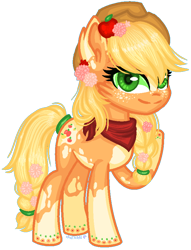 Size: 652x854 | Tagged: safe, artist:fantarianna, imported from derpibooru, applejack, earth pony, pony, ear fluff, eyelashes, female, flower, flower in hair, hat, raised hoof, simple background, smiling, transparent background