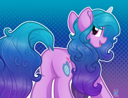 Size: 1938x1480 | Tagged: safe, artist:rainbow eevee, imported from derpibooru, izzy moonbow, pony, unicorn, butt, cute, different colored horn, digital art, dock, eyelashes, featureless crotch, female, fit right in (g5), g5, gradient background, gradient mane, izzy moonbutt, izzybetes, looking at you, looking back, looking back at you, magenta eyes, mare, multicolored mane, my little pony: a new generation, open mouth, open smile, outline, plot, rear view, smiling, solo, tail, twerking, underhoof, watch us shake our unicorn butts, white outline