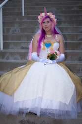 Size: 3162x4743 | Tagged: safe, artist:unkcos19, imported from derpibooru, princess cadance, human, anime expo, anime expo 2012, clothes, cosplay, costume, dress, flower, gloves, irl, irl human, long gloves, photo, sitting, stairs, wedding dress