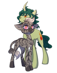 Size: 1100x1400 | Tagged: safe, artist:yarugreat, imported from derpibooru, oc, oc only, oc:pythia, oc:pythia majere, oc:terryred, pony, unicorn, zebra, derpibooru community collaboration, 2022 community collab, curved horn, duo, horn, shipping, simple background, transparent background, unicorn oc, zebra oc