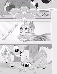 Size: 2646x3470 | Tagged: safe, artist:peesa chicken, imported from derpibooru, oc, deer, pony, canadian, comic, cute, digital art, eating, flower, forest, high res