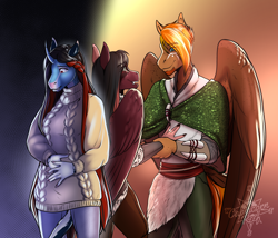 Size: 2370x2026 | Tagged: safe, artist:blackblood-queen, imported from derpibooru, oc, oc only, oc:annie belle, oc:daniel dasher, oc:singe, anthro, dracony, dragon, hybrid, pegasus, unguligrade anthro, unicorn, anthro oc, brother and sister, clothes, couple, digital art, fangs, female, gay, high res, horn, leonine tail, male, mare, oc x oc, pegasus oc, pregnant, shipping, siblings, smiling, stallion, story in the source, tail, unicorn oc