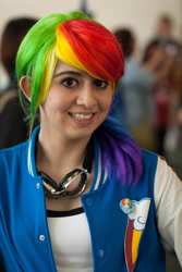 Size: 3162x4743 | Tagged: safe, imported from derpibooru, rainbow dash, human, anime expo, anime expo 2012, clothes, cosplay, costume, irl, irl human, multicolored hair, photo, rainbow hair