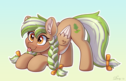 Size: 3859x2480 | Tagged: safe, artist:dandy, imported from derpibooru, oc, oc only, oc:sylvia evergreen, pegasus, pony, :3, ;p, braided pigtails, cute, ear fluff, female, freckles, gradient background, hair tie, high res, mare, one eye closed, solo, tongue out, wings, ych example, your character here