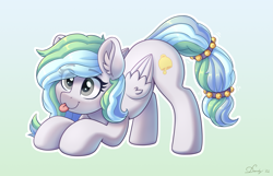 Size: 3859x2480 | Tagged: safe, alternate version, artist:dandy, imported from derpibooru, oc, oc only, oc:river chime, pegasus, pony, :3, ;p, alternate character, bells, commission, cute, ear fluff, eye clipping through hair, female, gradient background, high res, solo, tongue out, wings, ych result