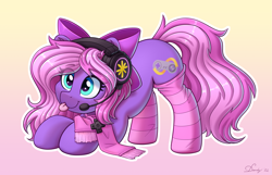 Size: 3859x2480 | Tagged: safe, alternate version, artist:dandy, imported from derpibooru, oc, oc only, oc:lillybit, earth pony, pony, :3, ;p, alternate character, bow, clothes, commission, cute, ear fluff, eye clipping through hair, female, gradient background, headset, high res, one eye closed, scarf, socks, solo, striped socks, tongue out, ych result