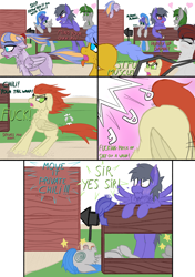 Size: 2508x3553 | Tagged: safe, artist:justapone, imported from derpibooru, oc, oc only, oc:chili pepper, oc:creamy top, oc:duty full, oc:gloomy flow, oc:grey cloud, oc:muscle head, oc:smug free, pegasus, pony, unicorn, cheek fluff, chin fluff, colored sketch, comic, dialogue, eyebrows, eyebrows visible through hair, eyelashes, female, folded wings, frown, helmet, high res, horn, in love, knocked out, male, mare, missing cutie mark, no cutie marks because im lazy, open mouth, open smile, out of frame, pegasus oc, running, shrunken pupils, simple background, smiling, spots, spread wings, stallion, sweat, tail, tail wrap, unicorn oc, vulgar, wingboner, wings