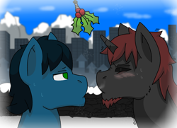 Size: 2160x1560 | Tagged: safe, artist:brushwork, imported from derpibooru, oc, oc only, oc:brushwork, oc:cloud cover, pegasus, pony, unicorn, blushing, bros, holly, holly mistaken for mistletoe, imminent kissing, unwilling