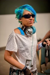 Size: 3162x4743 | Tagged: safe, artist:mooshuu, imported from derpibooru, dj pon-3, vinyl scratch, human, anime expo, anime expo 2012, clothes, cosplay, costume, headphones, irl, irl human, photo, sunglasses