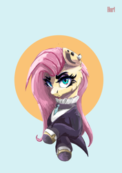 Size: 2480x3508 | Tagged: safe, artist:i love hurt, imported from derpibooru, fluttershy, pegasus, pony, angry, bust, clothes, dress, fluttergoth, g4, high res, looking at you, nimbus, simple background, solo