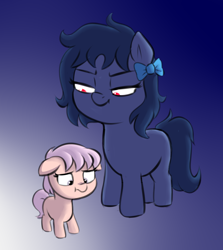 Size: 1376x1544 | Tagged: safe, artist:heretichesh, imported from derpibooru, oc, oc:whinny, earth pony, pony, blue coat, blue mane, blue tail, bow, colored, cute, duo, female, filfil, filly, foal, hair bow, looking down, mare, menacing, ocbetes, pink mane, pink tail, red eyes, simple background, tail