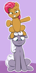 Size: 1134x2310 | Tagged: safe, artist:heretichesh, imported from derpibooru, babs seed, oc, oc:alabaster, earth pony, pony, blushing, canon x oc, colored, duo, female, filly, foal, looking down, male, outline, pony hat, simple background, sitting, sitting on head, sitting on person, sitting on pony, smiling, stallion, white outline