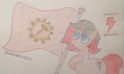 Size: 3538x2124 | Tagged: safe, artist:dimdariusz, imported from derpibooru, oc, oc only, oc:technowrench, pony, unicorn, colored pupils, communism, cute, cyrillic, element of loyalty, eyelashes, female, flag, flag pole, flag waving, high res, horn, mare, pencil drawing, photo, revolution, russian, signature, simple background, smiling, solo, traditional art, unicorn oc