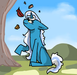 Size: 536x521 | Tagged: safe, artist:how-are-you-321, imported from derpibooru, oc, oc:fleurbelle, alicorn, cloud, female, leaf, mare, raised hoof, sitting, sky, tree, yellow eyes