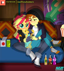 Size: 540x600 | Tagged: safe, artist:uzzi-ponydubberx, imported from derpibooru, sunset shimmer, oc, oc:eclipse shadow, equestria girls, apartment, ass, blushing, bunset shimmer, butt, canon x oc, cider, clothes, controller, eclipset, female, gamer, gamer sunset, heterochromia, male, shipping, sock, socks, soda, sofa bed, straight, sunset's apartment, video game