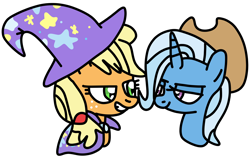 Size: 1640x1040 | Tagged: safe, artist:jadeharmony, imported from derpibooru, applejack, trixie, earth pony, pony, unicorn, applejack's hat, bedroom eyes, bust, cape, clothes, cowboy hat, duo, female, freckles, grin, hat, lesbian, looking at each other, looking at someone, mare, shipping, simple background, smiling, transparent background, tripplejack, trixie's cape, trixie's hat