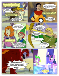 Size: 612x792 | Tagged: safe, artist:greatdinn, artist:newbiespud, edit, edited screencap, imported from derpibooru, screencap, spike, twilight sparkle, alicorn, dragon, human, comic:friendship is dragons, arrow, bow (weapon), clothes, comic, crossover, female, male, mare, screencap comic, twilight sparkle (alicorn)