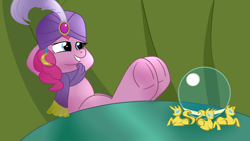 Size: 1280x720 | Tagged: safe, artist:thebrony700, imported from derpibooru, pinkie pie, earth pony, pony, commission, crystal ball, female, fetish, grin, hoof fetish, hooves, hooves behind head, hooves on the table, madame pinkie, mare, sitting, smiling, solo, table, underhoof