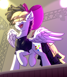 Size: 3500x4000 | Tagged: safe, artist:witchtaunter, imported from derpibooru, songbird serenade, pegasus, pony, my little pony: the movie, bow, clothes, commission, commissioner:reversalmushroom, ear fluff, female, hair bow, solo, spread wings, stage, wings