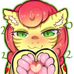 Size: 1159x1159 | Tagged: safe, artist:cold-blooded-twilight, imported from derpibooru, strawberry sunrise, big cat, hybrid, pegasus, pony, tiger, 2022, :3, blushing, both cutie marks, ear fluff, heart, looking at you, paw pads, paws, simple background, slit pupils, solo, species swap, stripes, tiger pony, transparent background, underhoof, underpaw, wide hips, year of the tiger