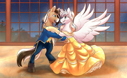 Size: 1500x928 | Tagged: safe, artist:cosmalumi, imported from derpibooru, oc, alicorn, pony, alicorn oc, beauty and the beast, clothes, dancing, dress, horn, wings