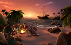 Size: 1280x806 | Tagged: safe, artist:cosmalumi, imported from derpibooru, oc, oc only, bat pony, kirin, beach, boat, campfire, fire, ocean, palm tree, sunset, tree, water