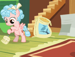 Size: 800x606 | Tagged: safe, imported from derpibooru, screencap, apple bloom, cozy glow, pegasus, pony, marks for effort, season 8, spoiler:s08, animated, bag, bipedal, bird seed, bow, broom, cleaning, clumsy, cozybetes, cropped, curly mane, cute, dresser, female, filly, fluttershy's cottage, fluttershy's cottage (interior), foal, freckles, gif, nervous, pure unfiltered evil, ribbon, rug, small wings, solo focus, stairs, two toned mane, wings