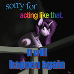 Size: 1600x1600 | Tagged: safe, artist:ponynamedmixtape, imported from derpibooru, oc, oc only, oc:czupone, pony, unicorn, dark background, looking at you, male, meme, mischievous, ponified animal photo, ponified meme, smiling, solo, text