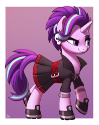 Size: 750x950 | Tagged: safe, artist:luminousdazzle, imported from derpibooru, starlight glimmer, pony, unicorn, alternate hairstyle, boots, edgelight glimmer, eyeshadow, female, g4, gameloft interpretation, goth, makeup, mare, outfit, punk, shoes, simple background, skull, smiling, smirk, solo