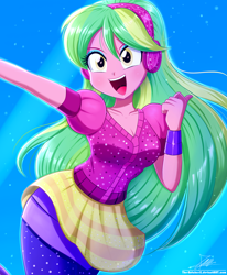 Size: 1784x2163 | Tagged: safe, artist:the-butch-x, imported from derpibooru, lemon zest, dance magic, equestria girls, spoiler:eqg specials, breasts, busty lemon zest, cleavage, clothes, cute, dance magic outfit, dress, eyeshadow, female, headphones, looking at you, makeup, open mouth, open smile, signature, smiling, solo, uvula, wristband, zestabetes