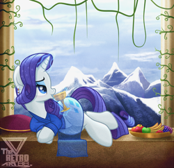 Size: 1280x1241 | Tagged: safe, artist:theretroart88, imported from derpibooru, rarity, pony, unicorn, my little pony: the movie, chalice, clothes, cloud, cute, female, flower, flower in hair, food, fruit, goblet, magic, mare, mountain, mountain range, pillar, raribetes, remake, rose, see-through, smiling, snow, solo, telekinesis, vine
