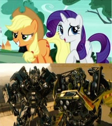 Size: 392x439 | Tagged: safe, edit, imported from derpibooru, screencap, applejack, rarity, earth pony, pony, robot, unicorn, autobot, bayformers, comparison, female, ironhide, male, mare, ratchet, transformers