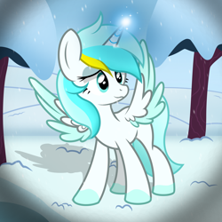 Size: 3000x3000 | Tagged: safe, artist:pizzamovies, imported from derpibooru, oc, oc:icy creation, alicorn, pony, alicorn oc, colored wings, female, high res, horn, lidded eyes, magic, magic aura, mare, show accurate, snow, snowfall, solo, spread wings, tree, two toned mane, two toned wings, wings