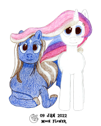 Size: 2954x3687 | Tagged: safe, artist:moon flower, derpibooru exclusive, imported from derpibooru, oc, oc only, oc:moon flower, oc:noble pinions, alicorn, pony, derpibooru community collaboration, 2022, 2022 community collab, alicorn oc, blue coat, colored pencil drawing, duo, ethereal mane, female, folded wings, futa, gray mane, herm, high res, hooves, horn, intersex, logo, looking at you, pencil drawing, signature, simple background, sitting, smiling, standing, traditional art, transparent background, white coat, wings