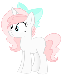 Size: 340x420 | Tagged: safe, artist:sugarcubecreationz, imported from derpibooru, oc, oc only, oc:sweetheart, pony, unicorn, bow, female, frown, full body, hair bow, horn, mare, show accurate, simple background, solo, standing, tail, two toned mane, two toned tail, unicorn oc, white background