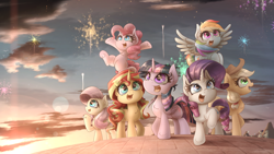 Size: 3844x2162 | Tagged: safe, artist:phoenixrk49, imported from derpibooru, applejack, bon bon, derpy hooves, fluttershy, lyra heartstrings, pinkie pie, rainbow dash, rarity, sunset shimmer, sweetie drops, twilight sparkle, alicorn, earth pony, pegasus, pony, unicorn, equestria girls, chest fluff, cute, dashabetes, diapinkes, ear fluff, female, fireworks, happy new year 2022, high res, jackabetes, mane six, mare, open mouth, open smile, raribetes, shimmerbetes, shyabetes, smiling, twiabetes, twilight sparkle (alicorn)