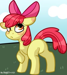 Size: 1301x1463 | Tagged: safe, artist:walpurgie, imported from derpibooru, apple bloom, earth pony, pony, bloom butt, blushing, butt, female, filly, foal, plot, solo