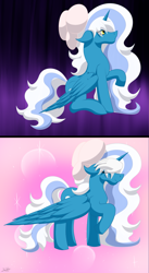 Size: 1639x2997 | Tagged: safe, artist:thebenalpha, imported from derpibooru, oc, oc:fleurbelle, alicorn, alicorn oc, bow, female, hair bow, happy, horn, mare, petting, raised hoof, wings, yellow eyes