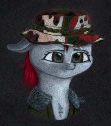 Size: 1824x2077 | Tagged: safe, artist:myzanil, imported from derpibooru, oc, oc only, oc:myza nil red, pegasus, pony, bust, camouflage, chest fluff, clothes, colored pencil drawing, hat, jacket, portrait, solo, tired, traditional art