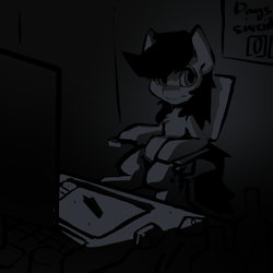 Size: 1500x1500 | Tagged: safe, artist:senaelik, oc, oc:filly anon, earth pony, pony, /mare/con, chair, computer, dark, drawing tablet, female, filly, sitting