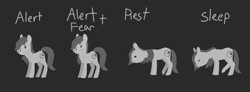 Size: 3533x1296 | Tagged: safe, artist:rhorse, oc, oc only, oc:gramcracker, pony, /mare/con, alert, chart, eyes closed, fear, female, gray background, mare, resting, simple background, sleeping, whiskers