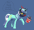 Size: 2300x2045 | Tagged: safe, artist:rhorse, lyra heartstrings, kiwi, pony, unicorn, /mare/con, blackface, blue background, dialogue, fork, kfc, looking at you, raised hoof, simple background, smiling