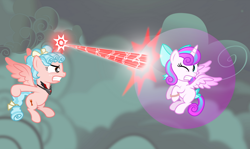 Size: 1600x956 | Tagged: safe, artist:aleximusprime, imported from derpibooru, cozy glow, princess flurry heart, alicorn, flurry heart's story, alicorn amulet, alicornified, beam, blast, cloud, cozycorn, dark clouds, dream of alicornication, fight, force field, laser, magic, magic blast, race swap, safeguard bracelet